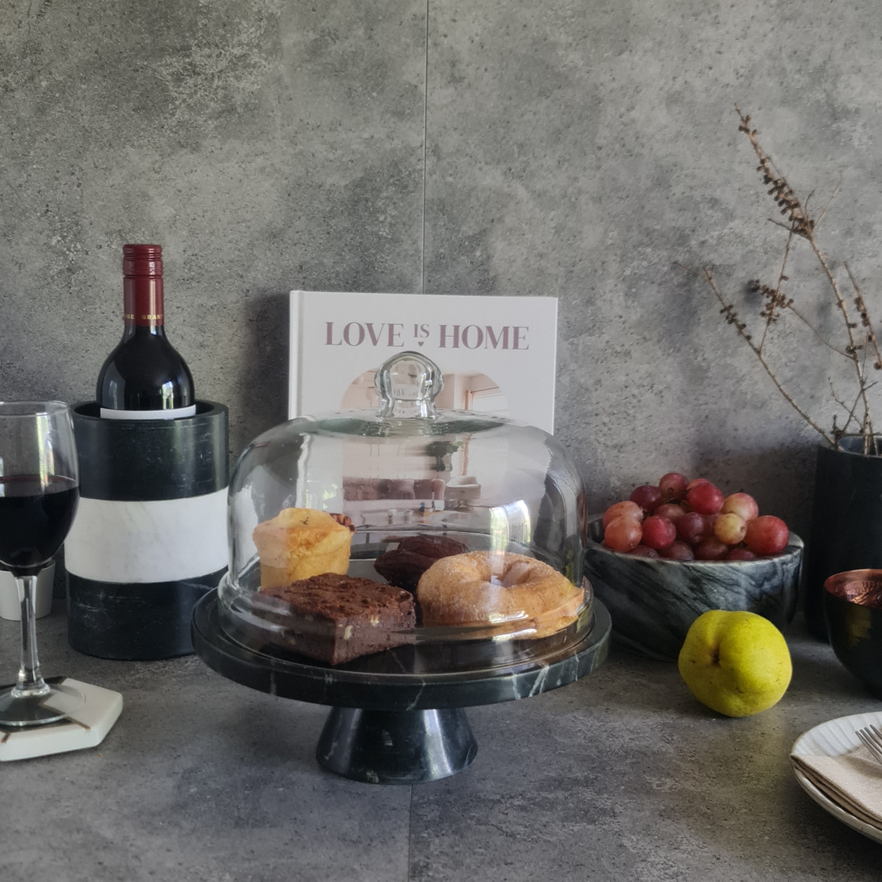 Midnight Gleam - Marble Food Dome with Stand, Cake Stand