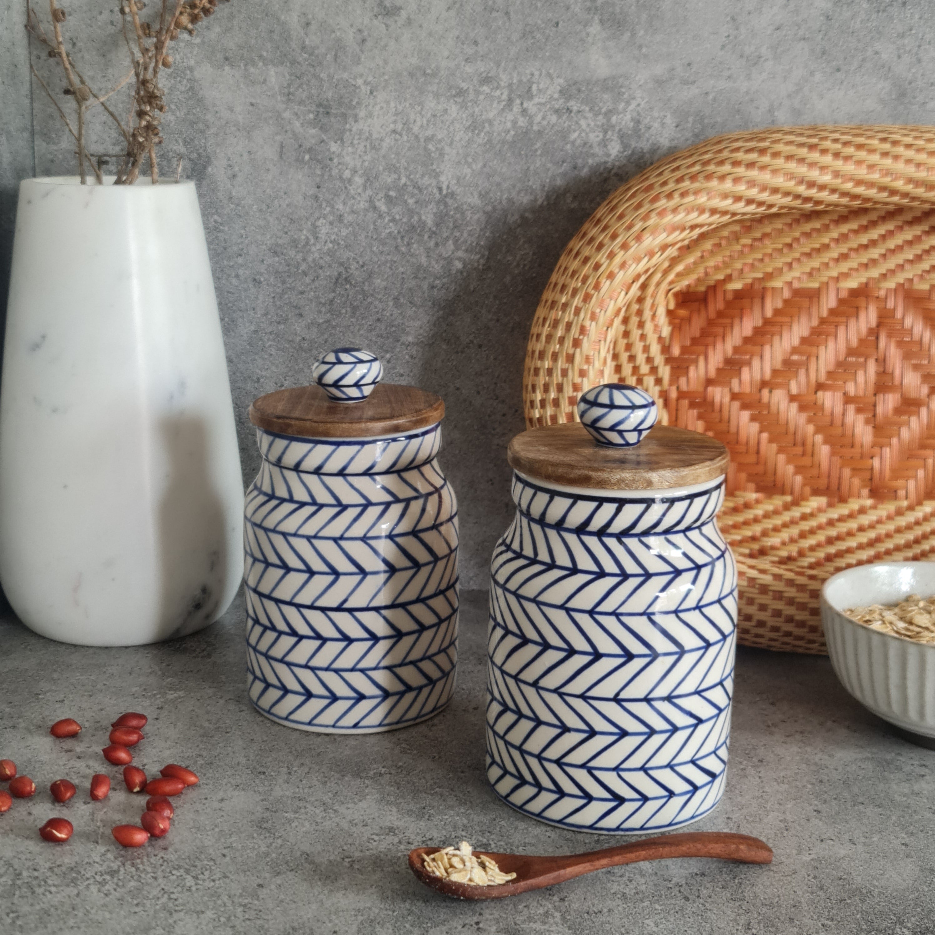 Ceramic Jar, Ceramic Canister, Indigo Chevron Jar