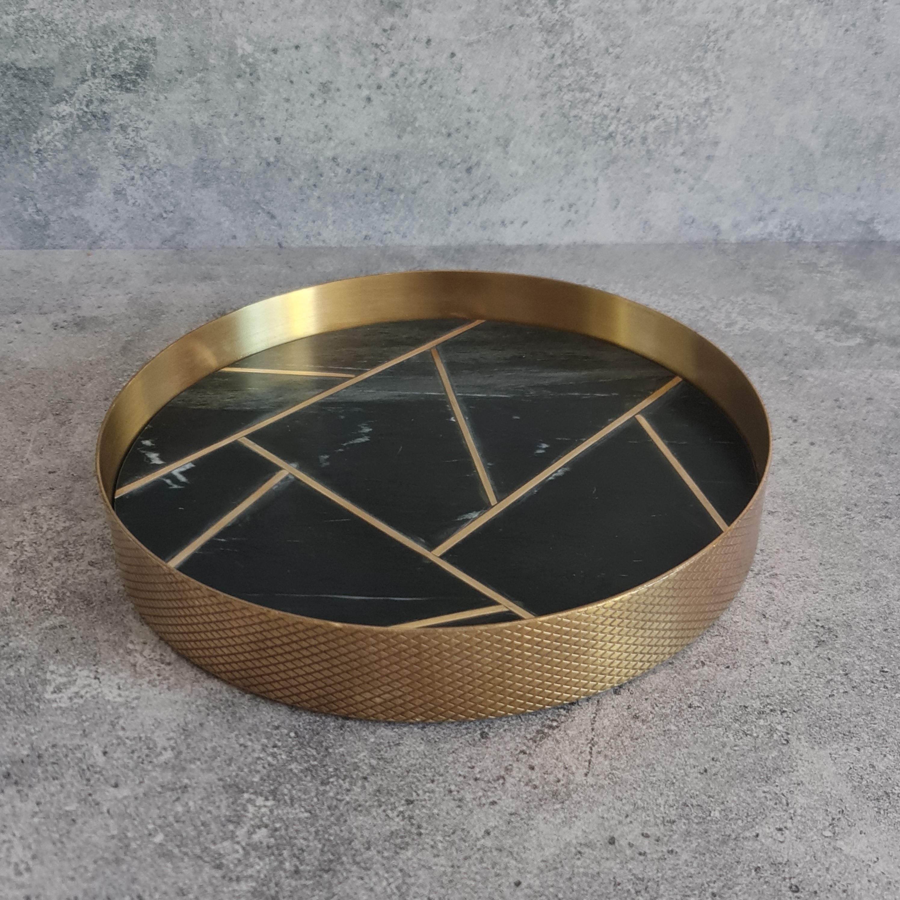 Decorative Marble Tray, Marble Decor tray, Black Marble Tray with Textured Brass Ring