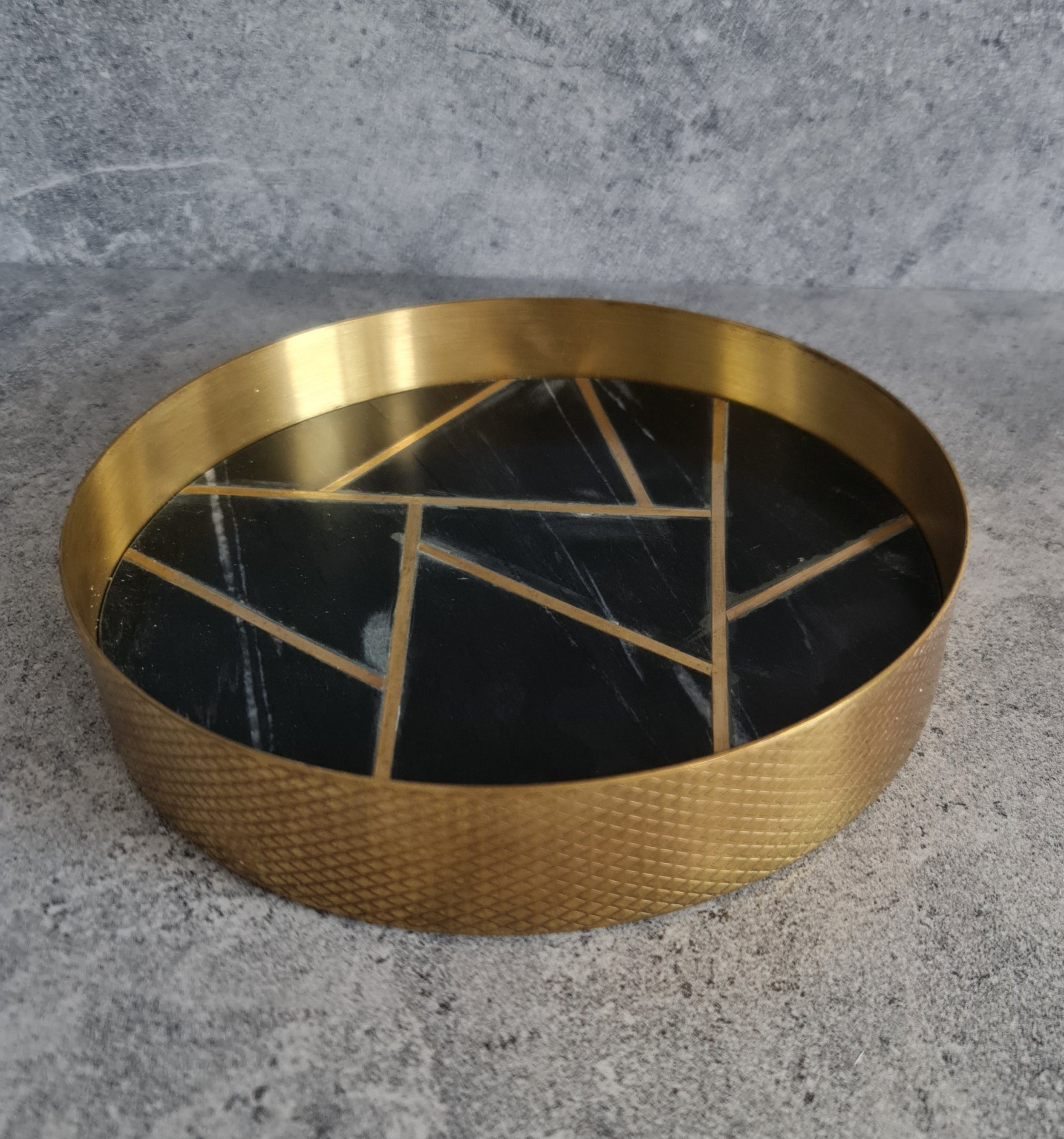 Decorative Marble Tray, Marble Decor tray, Black Marble Tray with Textured Brass Ring