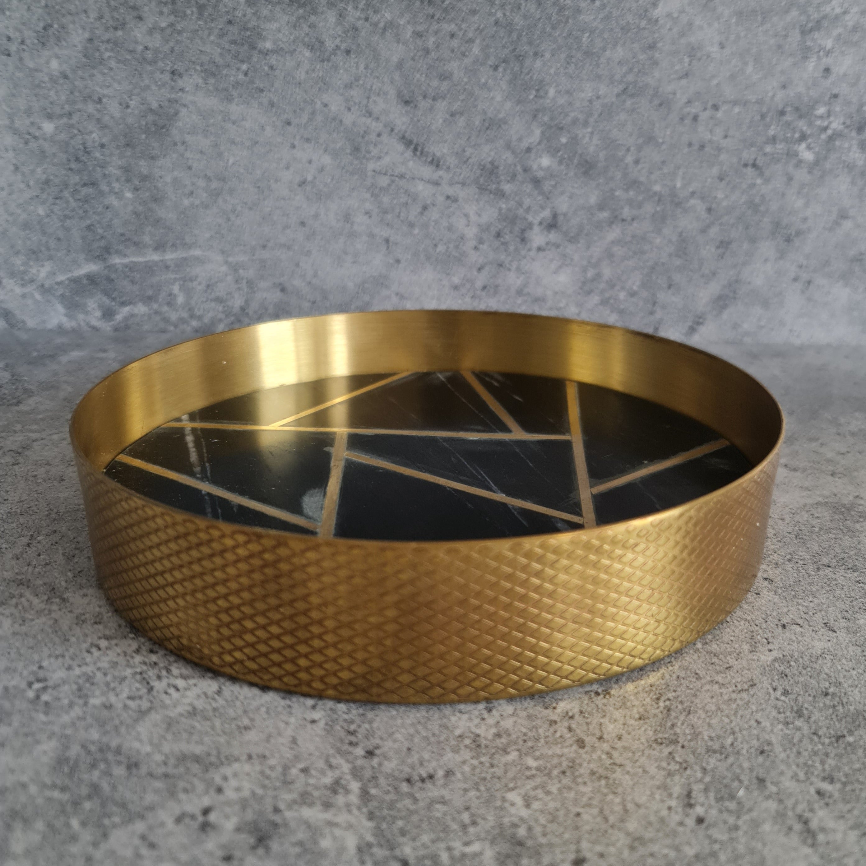 Decorative Marble Tray, Marble Decor tray, Black Marble Tray with Textured Brass Ring