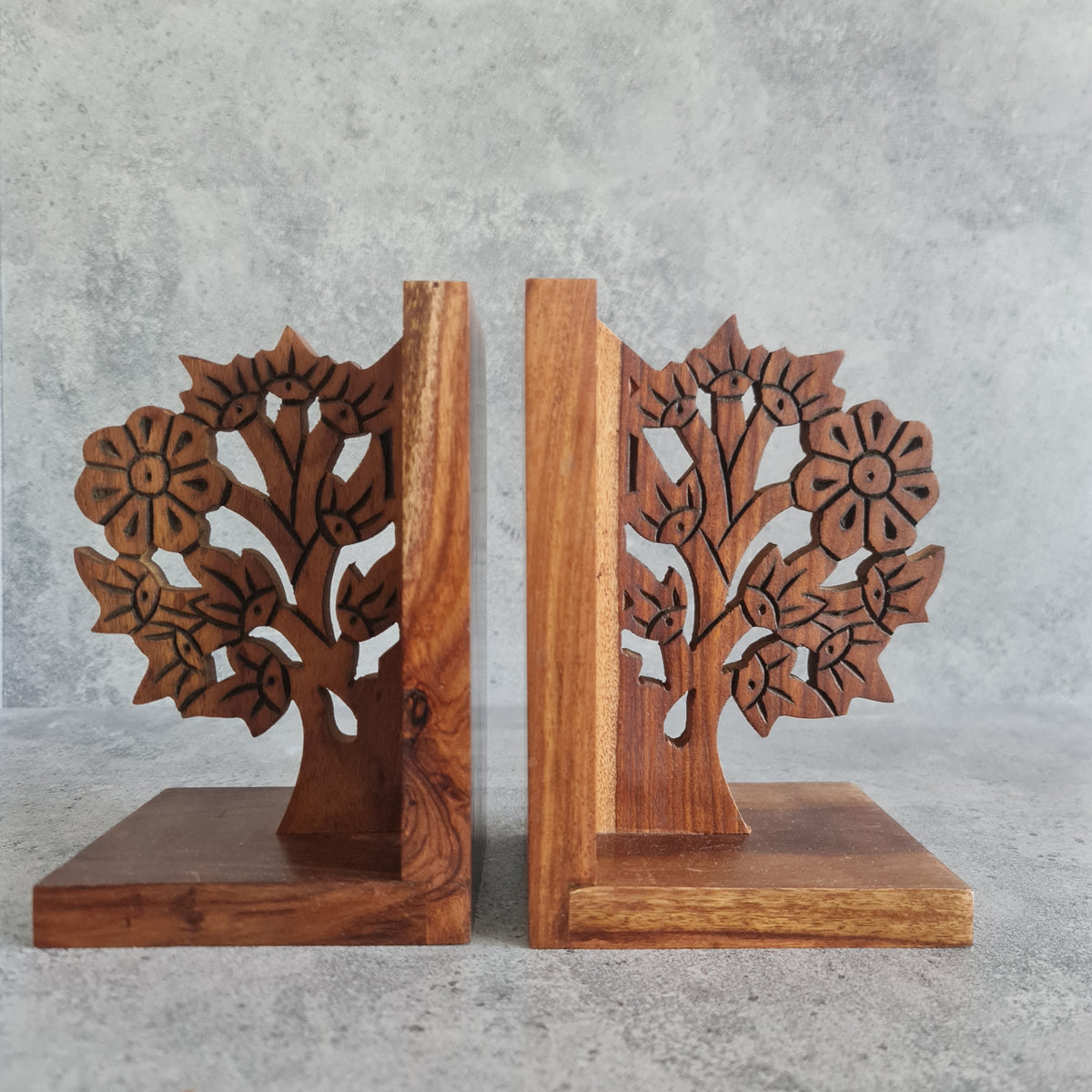 Tree Bookends Engraved Tree Wooden Bookends - Sheesham wood – Aarthaliving