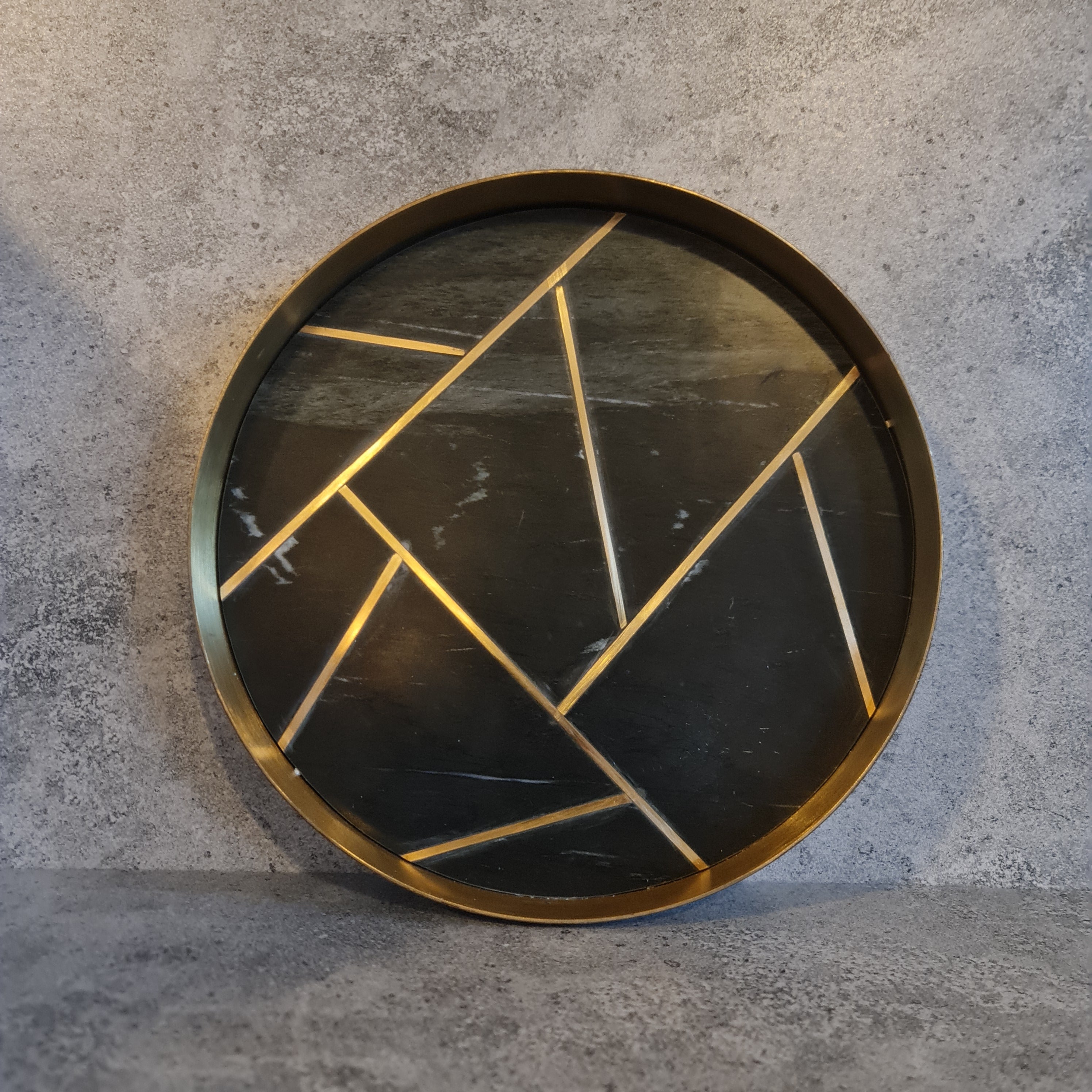 Decorative Marble Tray, Marble Decor tray, Black Marble Tray with Textured Brass Ring