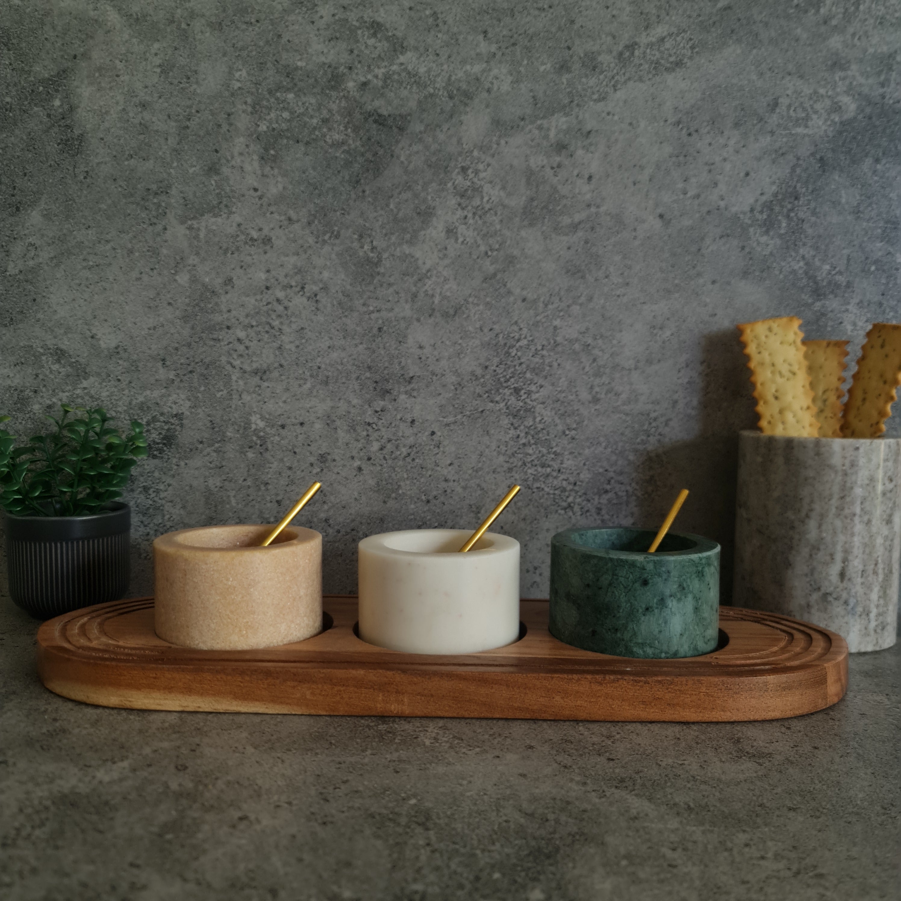 Marble Dip Bowl with Wooden Tray - Set of 3