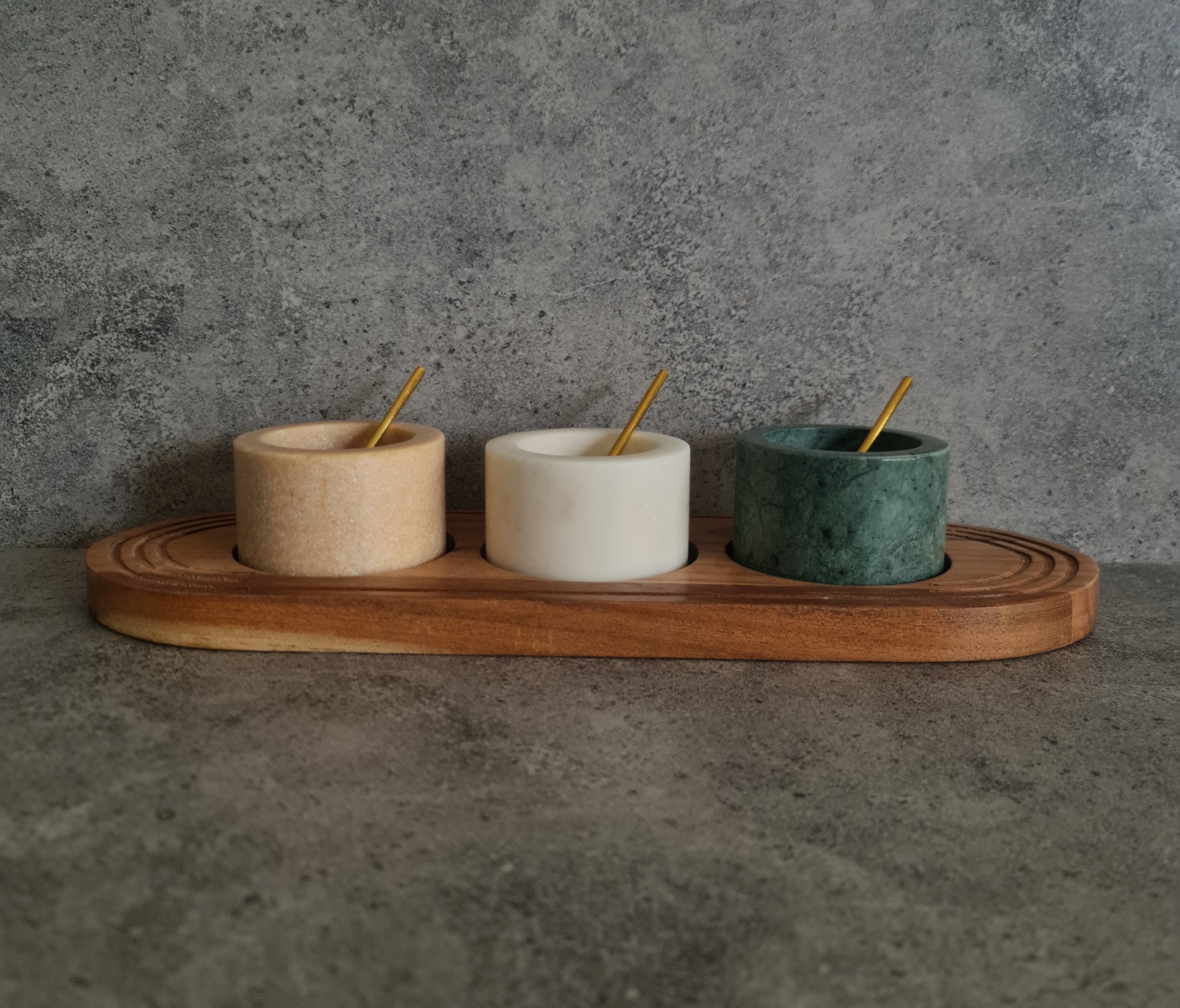Marble Dip Bowl with Wooden Tray - Set of 3