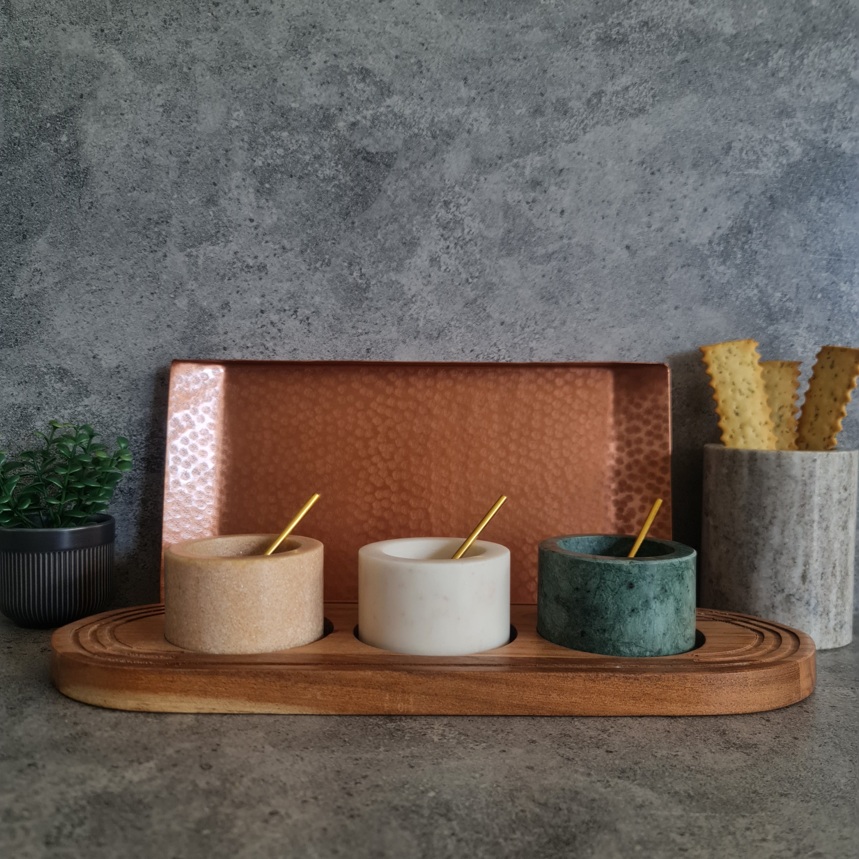 Marble Dip Bowl with Wooden Tray - Set of 3