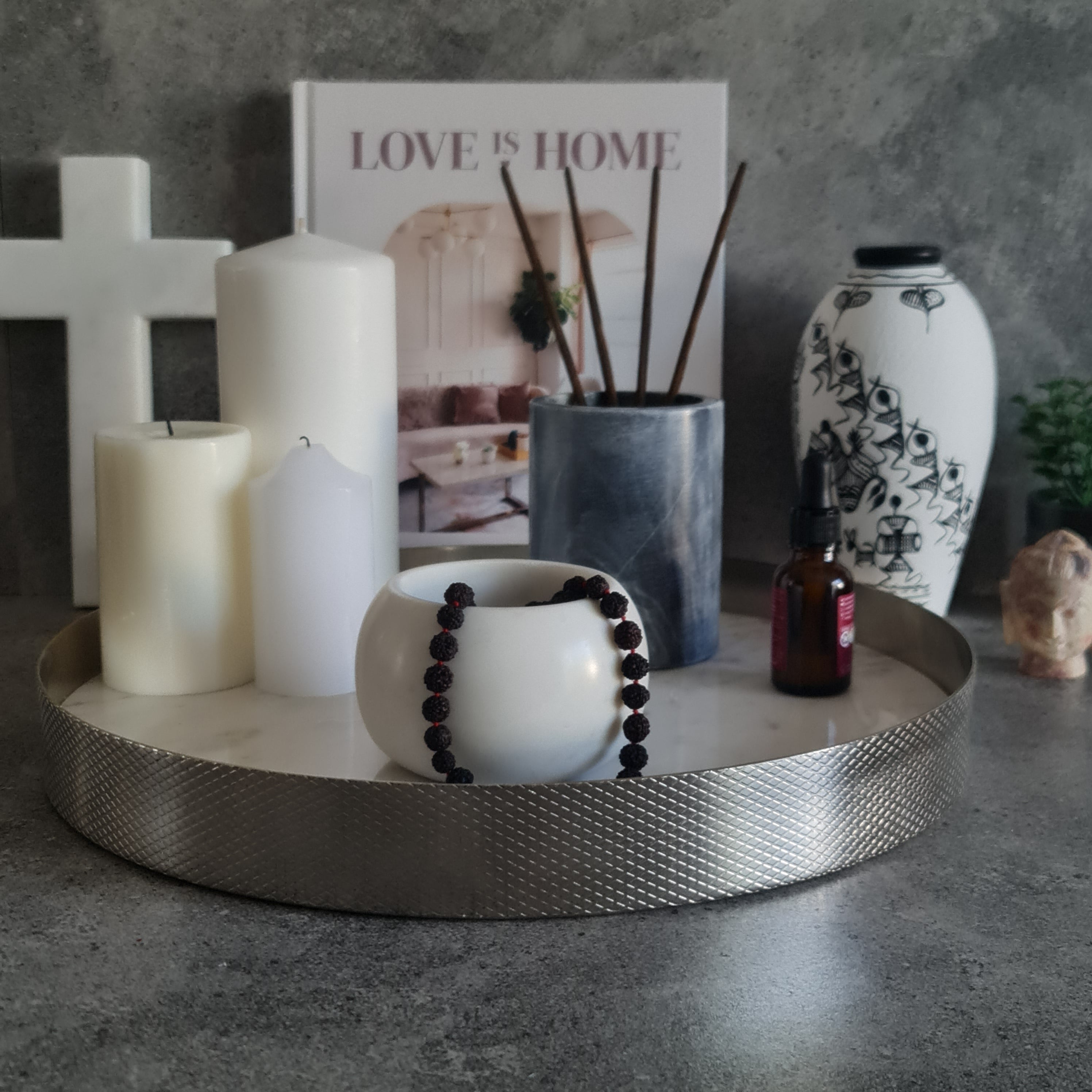 White Marble Tray, White Marble Decorative tray, White Marble Tray with Nickel Ring