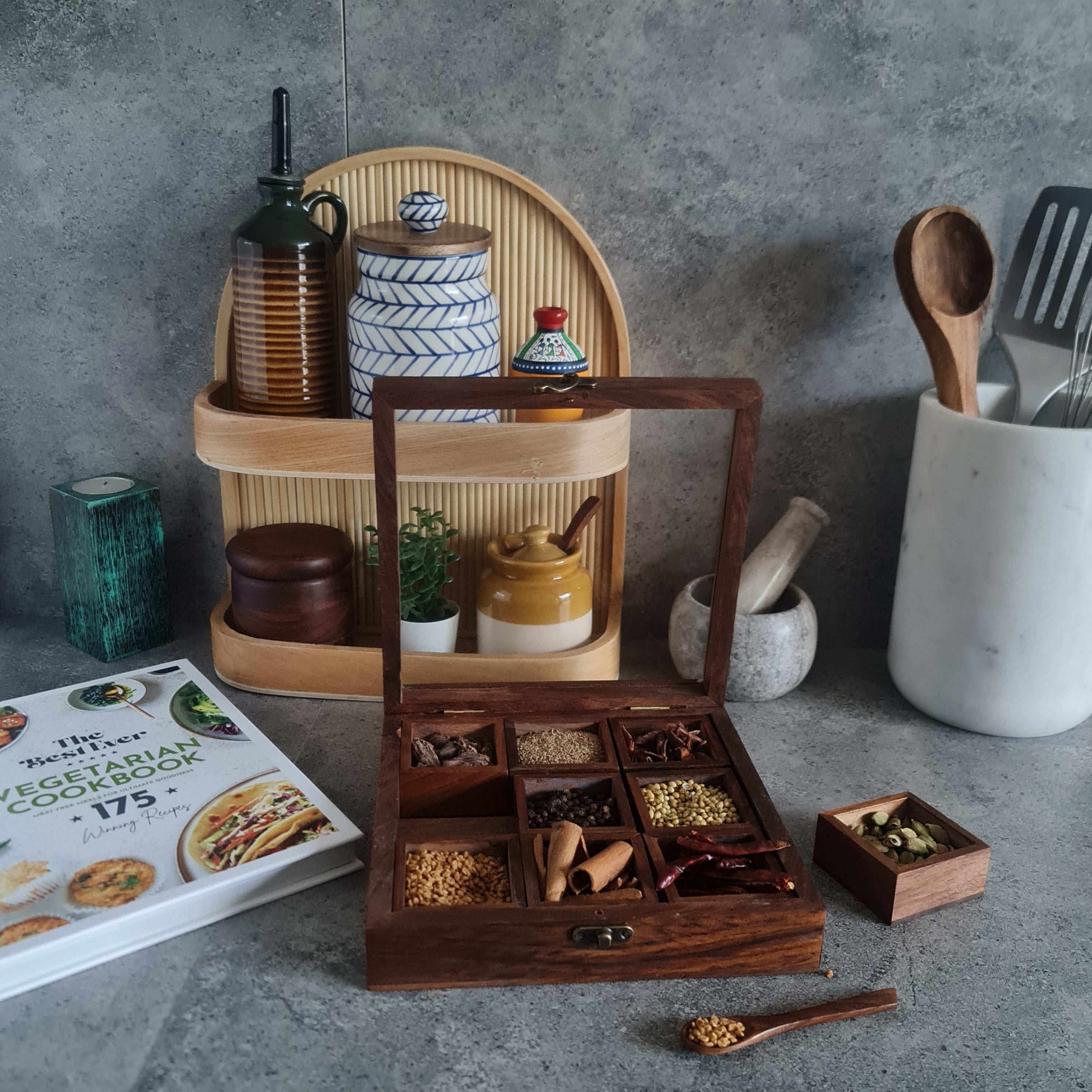Sheesham Spice Box - 9 Compartment & Spoon