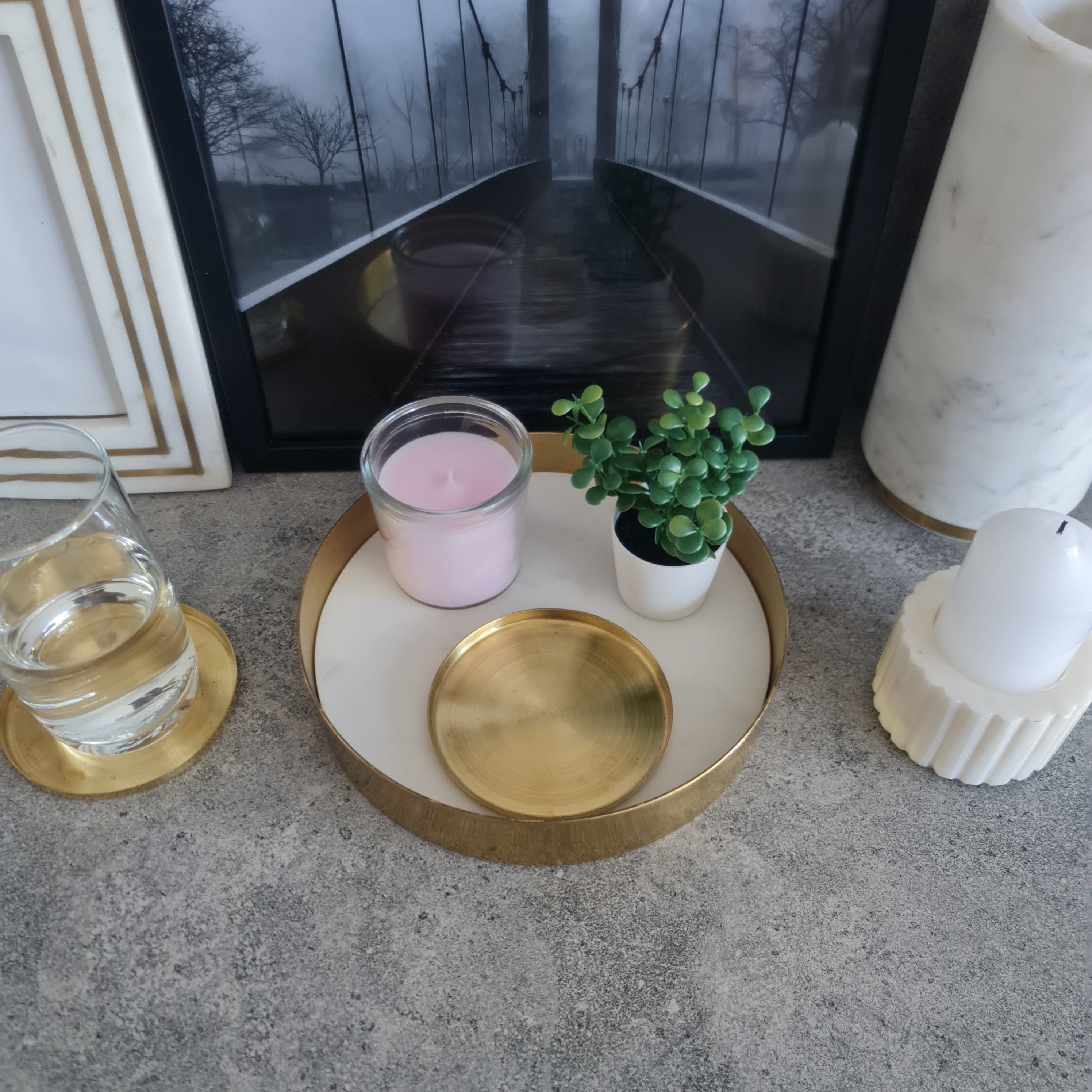 White Marble Tray, White Marble Decorative tray, White Marble Tray with Plain Brass Ring